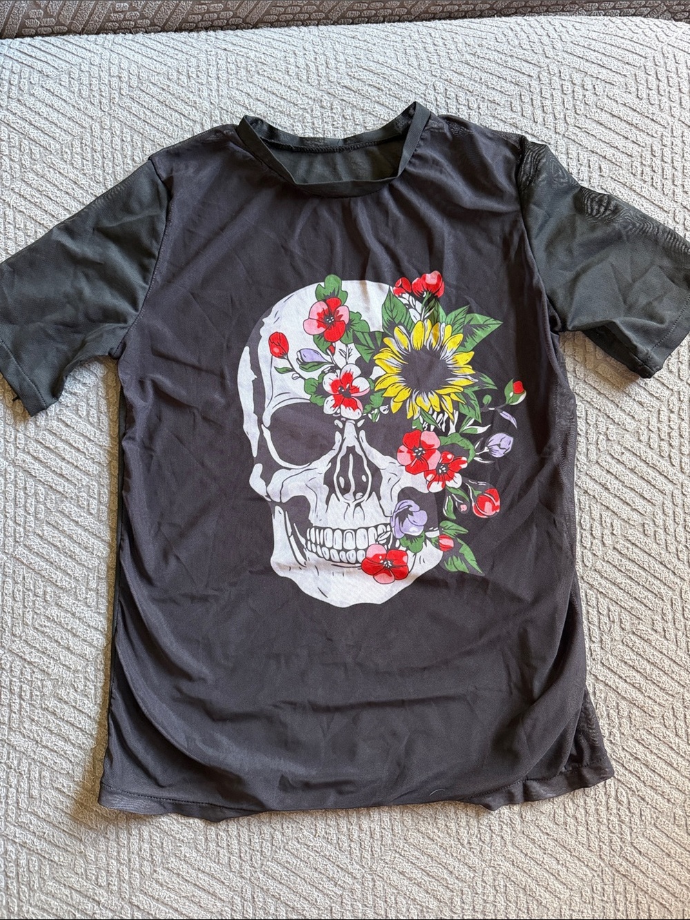 Black Graphic bathing suit cover up sheer Tee with Floral Skull Print